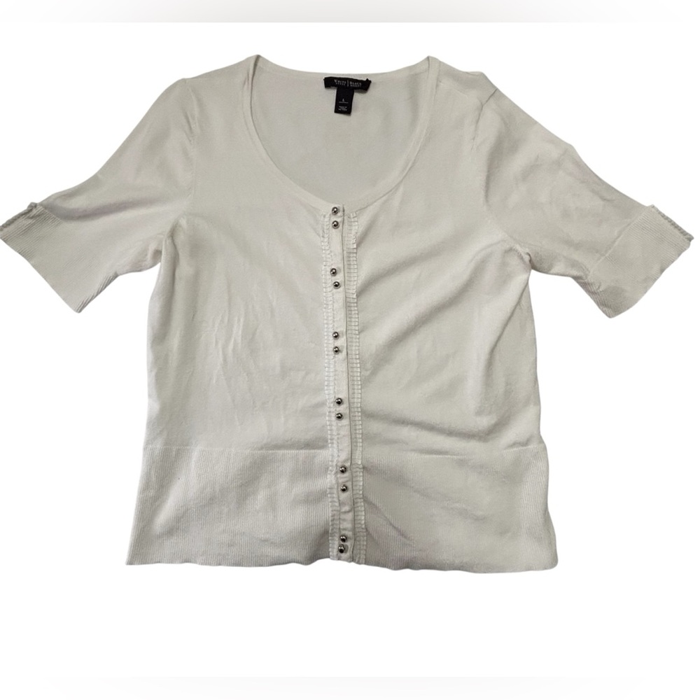 White House Black Market White Short Sleeve Silver Button Down Top Size Large
